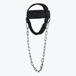 A black padded neck harness with an attached steel chain and carabiners, isolated on a white background.