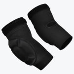 A pair of black protective elbow pads on a white background, showing both the padded front and the cutout back.