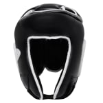 Front view of a black boxing headguard with white trim on a white background.