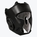 A black leather boxing headgear with cheek protectors and a grey inner lining, displayed on a white background.