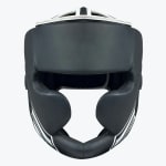Front view of a black boxing headgear with cheek and chin protection, isolated on a white background.