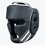 A black protective boxing headgear with cheek and ear guards, featuring white diagonal stripes on the side, isolated on a white background.