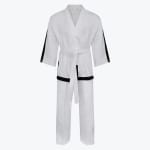 Full-length view of a white martial arts uniform with black trim on the sleeves and jacket hem, tied with a white belt, set against a plain white background.