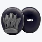 A pair of dark blue Addos focus mitts against a white background, showing the front striking surface with the brand logo and the back side with a grey hand compartment.