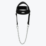 A black Addos neck harness with an attached steel chain, shown against a plain white background.