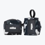 A pair of Addos wrist wraps with a black, grey, and white camo pattern and a black logo patch, set against a plain white background.