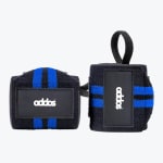A pair of black and blue Addos wrist wraps displayed against a plain white background, one positioned horizontally and the other vertically showing the thumb loop.