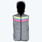 A grey reflective hooded vest with neon yellow, blue, and pink stripes across the chest, shown against a white background.