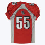 Back view of a red and grey football jersey with the number 55 and a wolf logo.