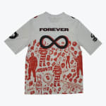 Back view of a white short-sleeved jersey featuring the word FOREVER and an infinity symbol in black and red, with a busy red doodle pattern on the lower half depicting various illustrations like prisoners, skulls, and the word ATLANTA.