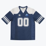 A navy blue and white football jersey with the number 00 printed on the front, featuring a grey star and a blue cube logo on the chest.