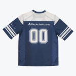 Back view of a navy blue and white sports jersey featuring the number 00, the Blockchain.com logo, and white stripes on the sleeves.