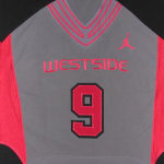 A grey basketball jersey with red side panels, featuring the red embroidered text WESTSIDE and the number 9 outlined in black, with a red Jordan logo on the chest.