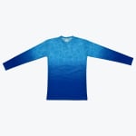 A long-sleeved athletic shirt with a blue gradient pattern, transitioning from a light blue water ripple design at the top to a solid dark blue at the bottom, shown flat against a white background.
