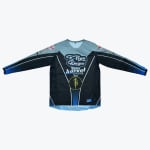 A long-sleeve black, grey, and blue racing jersey with R-Nyne Designs and horvat Racing logos on the front, displayed against a white background.
