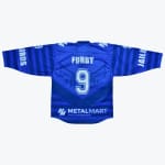 Back of a blue sports jersey with FURBY and number 9 on it, with JAILBIRDS on the sleeves and a Metalmart logo at the bottom.