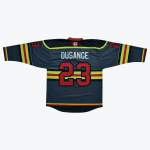 The back of a dark grey hockey jersey with DUSANGE and the number 23 in red. It has yellow and red stripes and a Canadian flag patch near the collar.