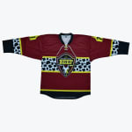 A maroon hockey jersey with a cow print pattern and a Ridge Keg Beef logo featuring a bull skull.