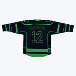 Back view of a black hockey jersey with neon green trim, featuring the name RANDHAWA and number 12 in green outline.