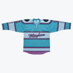A flat lay of a teal, white, and purple hockey jersey with Mayhem written across the chest in purple script and a cartoon bomb graphic.