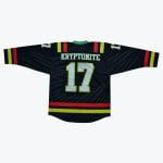 Back view of a black hockey jersey with KRYPTONITE and the number 17 printed in white with yellow borders, featuring red, yellow, and green accents.