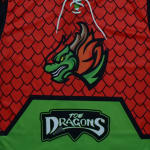 Close-up of a red and green sports jersey featuring a red dragon scale pattern, a green dragon logo, and the text TOE DRAGONS on a green background.