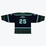 The back of a black hockey jersey with green tartan plaid details, displaying the name IRVING and the number 25 in white.