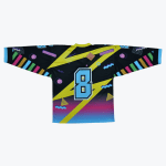 Back view of a black hockey jersey with a colorful 90s Memphis design, featuring a large light blue number 8, yellow lightning bolts, and multi-colored geometric patterns.