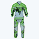 A lime green, white, and black sports jersey and pants set with LEAF RAY and number 7 printed on the chest, displayed on a mannequin.