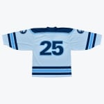 Back view of a light blue hockey jersey with the number 25 in dark blue, featuring dark blue and light blue stripes on the sleeves and hem.