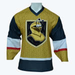 A gold, dark blue, white, and red hockey jersey featuring a cartoon mascot wearing a knight's helmet on a shield logo.