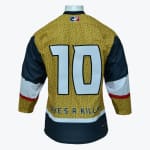 Back view of a gold glitter-textured hockey jersey with the number 10 and the text DAVE A KILLER on a mannequin.