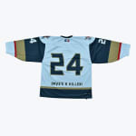 Back view of a white, navy, and gold hockey jersey with the number 24 and the text DAVE A KILLER! below it.