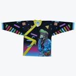 A black hockey jersey with a colorful 80s retro design featuring a skeleton in street clothes, neon geometric shapes, and striped sleeves.