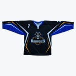 A black, blue, and gold hockey jersey with a pirate skull logo and the word RAIDERS on the front, laid flat on a white background.