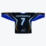 Back view of a black, blue, and gold sports jersey with CHIPPENDALE and the number 7 printed on the back.
