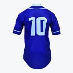 Back view of a royal blue baseball jersey with the number 10 printed in white on the back.
