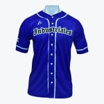 A royal blue baseball jersey with white trim and buttons, featuring Industriales written across the chest in a stylized gothic font, displayed on a mannequin.