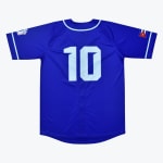 Back of a royal blue baseball jersey with a large white number 10, featuring a Cuban flag patch on the left sleeve and white trim.
