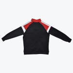 The back of a black track jacket with red shoulders and collar, accented by white stripes on the shoulders and upper sleeves, set against a plain white background.