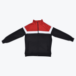 A red, white, and black color-blocked track jacket with a full zipper, laid flat on a white background.