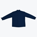 The back view of a solid navy blue jacket with extended sleeves and a high collar on a white background.
