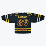 Back view of a black Cobra Kai hockey jersey with LARUSSO and the number 89 in yellow and red.