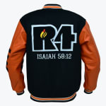 The back of a black and orange varsity jacket featuring a large embroidered R4 logo with a flame and cross, and the text ISAIAH 58:12 below it.