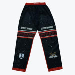 Black athletic pants with Desert Dawgs text, a red geometric stripe, an anchor logo, and a cartoon coyote mascot on a white background.