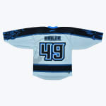 Back view of a light blue and black hockey jersey with BIALEK and 49 printed on the back, featuring nautical themes like rope borders, octopus tentacles on the shoulders, and a faint ship graphic.