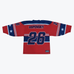 Back view of a red, white, and blue hockey jersey with the name USPENSKY and number 26.