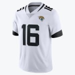 A white Jacksonville Jaguars NFL jersey with the number 16 in black on the front and shoulders, featuring the team logo on the left chest.