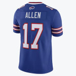 The back of a blue Buffalo Bills jersey with the name ALLEN and number 17 in white with red trim.
