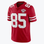 A red San Francisco 49ers football jersey with the number 85 in white and a 75th-anniversary patch on the chest, set against a white background.